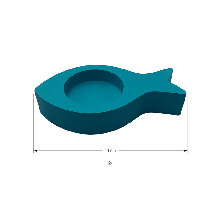 Fisch Teelichthalter 2er Set Kerzenhalter Fische aus Holz - Tisch Deko für Taufe Kommunion Konfirmation türkis