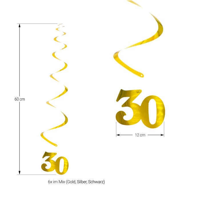 30. Geburtstag Wirbel Spiral Deckenhänger Girlande Set 30. Jubiläum Deko gold silber schwarz