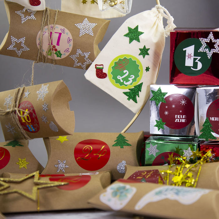 DIY Adventskalender Set - 24 Boxen Schachteln + 24 Zahlen Stickern Aufkleber für Weihnachten Advent