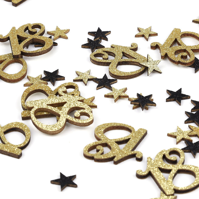 Konfetti Zahl 18 Geburtstag + Sterne aus Holz Streudeko Streuteile Deko 13g - gold schwarz