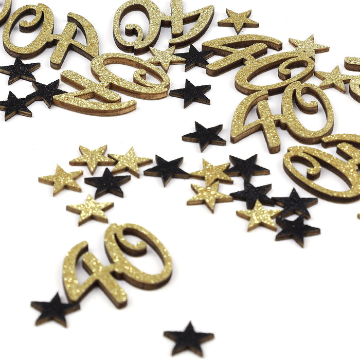 Konfetti Zahl 40 Geburtstag + Sterne aus Holz Streudeko Streuteile Deko 13g - gold schwarz