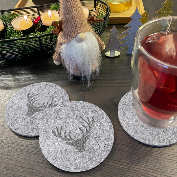 Filzuntersetzer Rentier Hirsch Rund 10 cm 4er Pack - Getränke Untersetzer als Tisch Dekoration für Weihnachten uvm. - grau