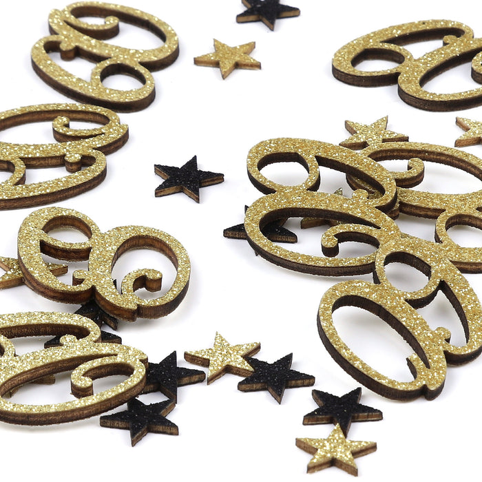 Konfetti Zahl 60 Geburtstag + Sterne aus Holz Streudeko Streuteile Deko 13g - gold schwarz