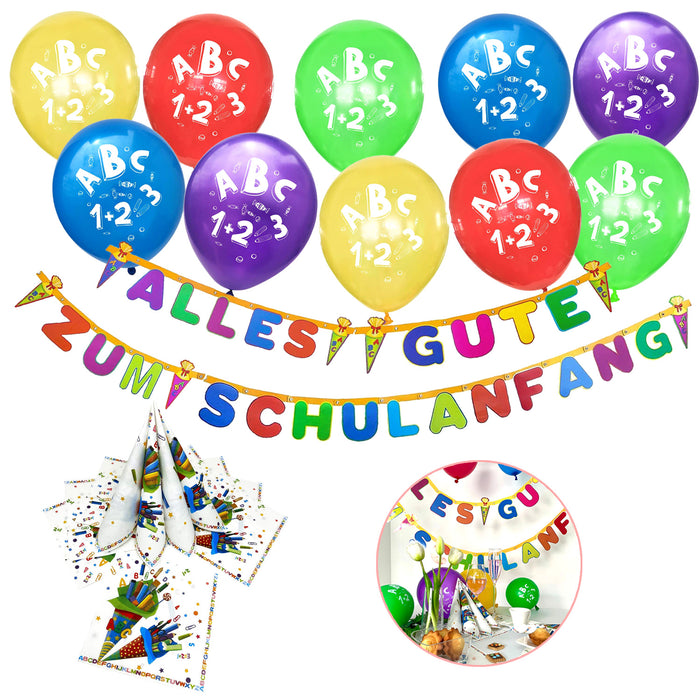 Schuleinführung Schulanfang Einschulung Deko Set - Alles Gute zum Schulanfang Girlande + Luftballons + Servietten