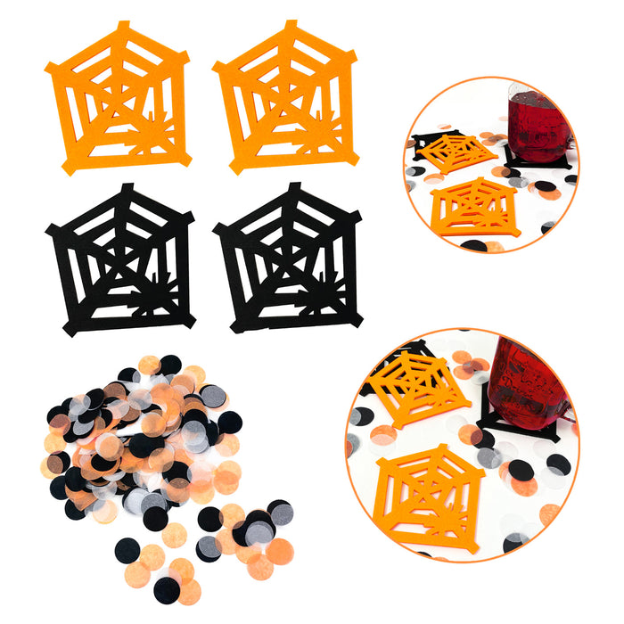 Halloween Deko Set - Filzuntersetzer Spinnennetz 4er Pack + Konfetti orange weiß schwarz Tischdeko