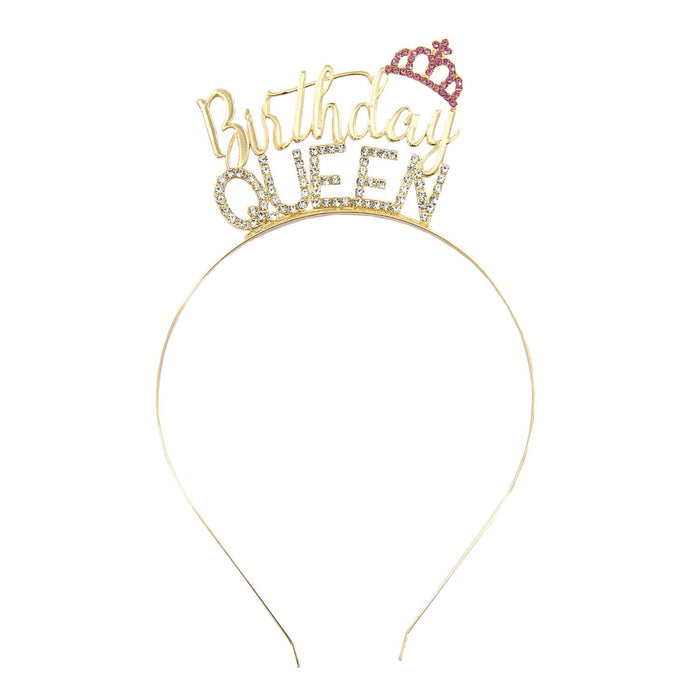 Haarreifen Birthday Queen mit Diamanten + Krone Haarreif Geburtstag Mädchen Damen gold pink Metall