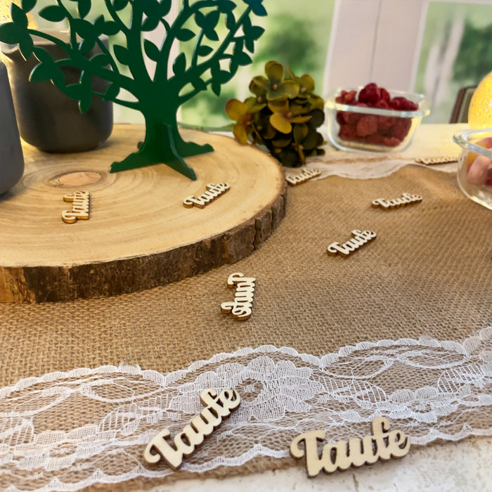 Holz Konfetti Set Taufe Schriftzug 18 Stk. Tischdeko für Taufe Traufe Hochzeit Deko Junge Mädchen Streudeko - natur