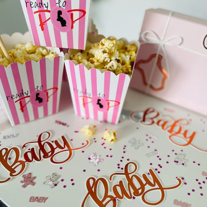 Baby Shower Party Deko Set für Mädchen - OH Baby! Spiral Deckenhänger + 2x Baby Konfetti Sets + Popcorn Schachteln