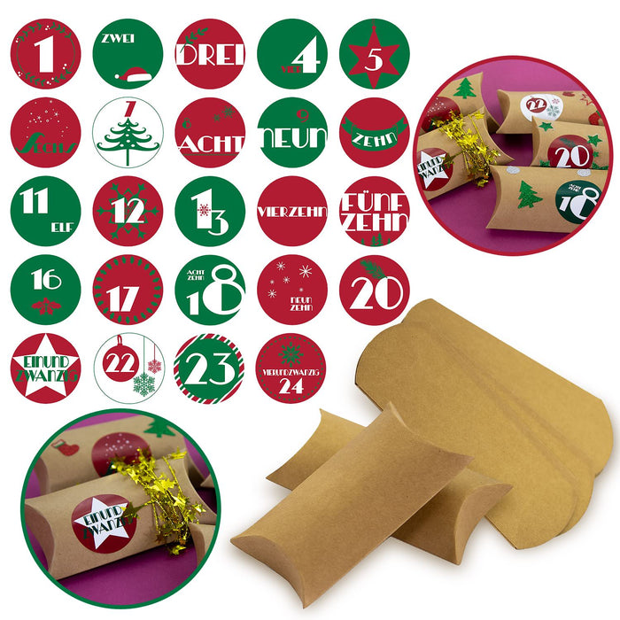 DIY Adventskalender Set - 24 Boxen Schachteln + 24 Zahlen Stickern Aufkleber für Weihnachten Advent