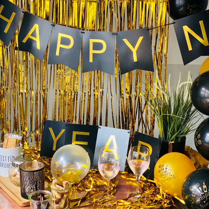 Happy New Year Wimpel Girlande Banner Wimpelkette Silvester Neujahr Party Feier Deko schwarz gold