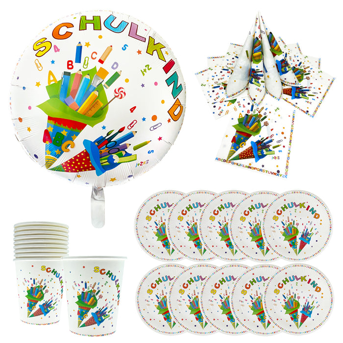 Schuleinführung Einschulung Deko Set - Folienballon Schulkind + 20 Servietten + 10 Pappteller + 10 Pappbecher