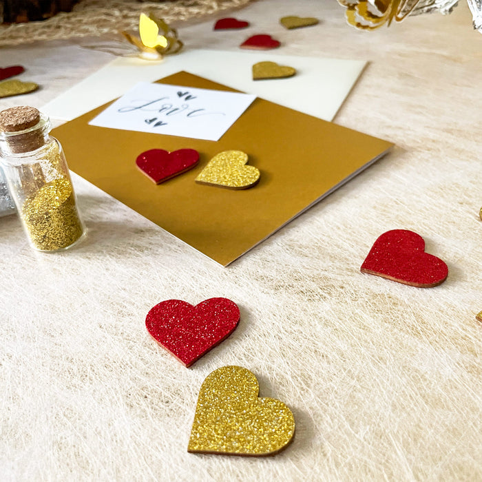 25 Holz Herzen gold Glitzer Konfetti Holzdeko Tischdeko Streudeko für JGA Hochzeit Valentinstag Party zum Basteln