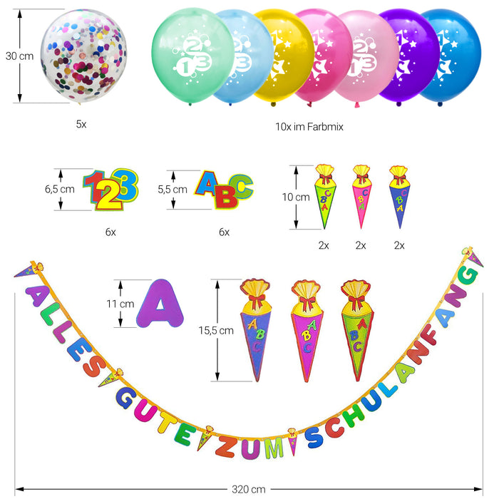 Schuleinführung Schulanfang Einschulung Deko Set - Girlande + Luftballons + Konfetti