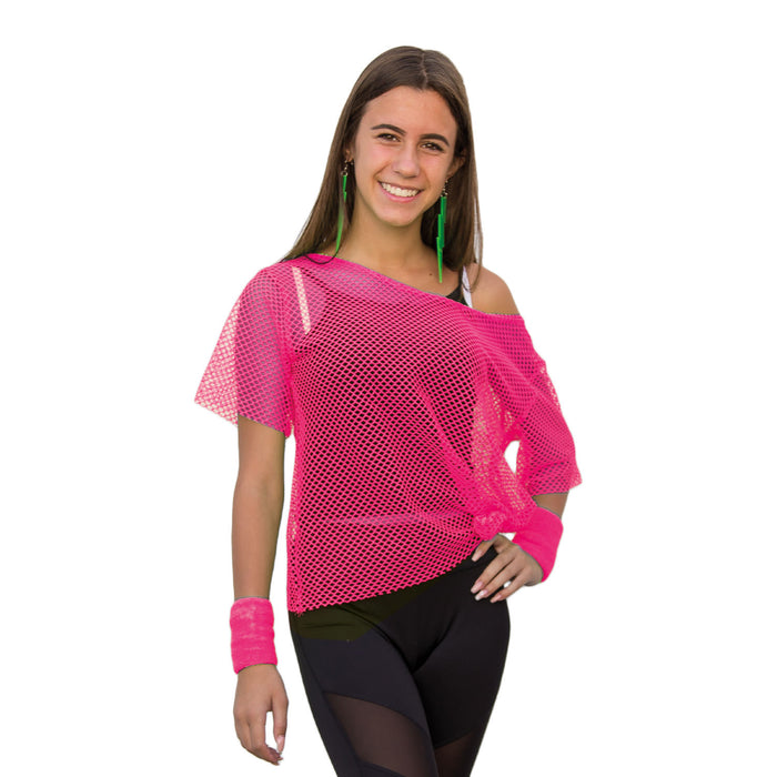 Netzshirt + Stulpen Set 2-teilig 80er Jahre 80s Karneval Fasching Motto Party für Damen neon pink