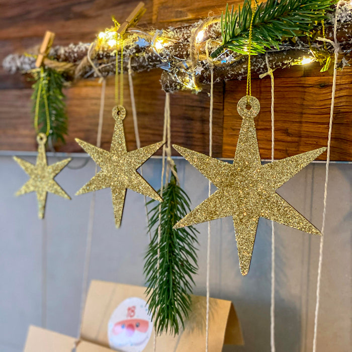 3 Holz Sterne mit Glitzereffekt Schnur Weihnachtsdeko Weihnachtsbaum Anhänger Weihnachten gold