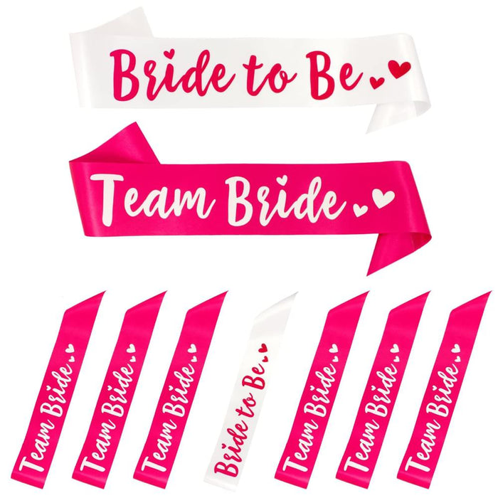 Schärpe Bride to Be + Team Bride Set JGA Hen Party Herz weiß pink