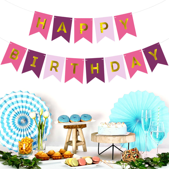 Happy Birthday Girlande Banner Geburtstag Kindergeburtstag Party - Pink Rosa Lila