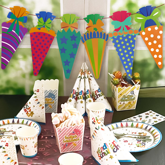 Schuleinführung Schulanfang Einschulung Deko Set - 2 Folienballons + 2 Girlanden + Konfetti Set + 10 Pappteller + 10 Pappbecher + 20 Servietten + 15 Luftballons