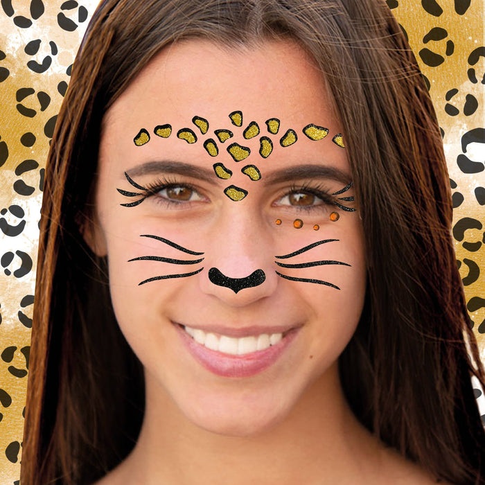 Leopard Kostüm Accessoire Set - Haarreif + Gesicht Sticker für Halloween Fasching Karneval Motto Party