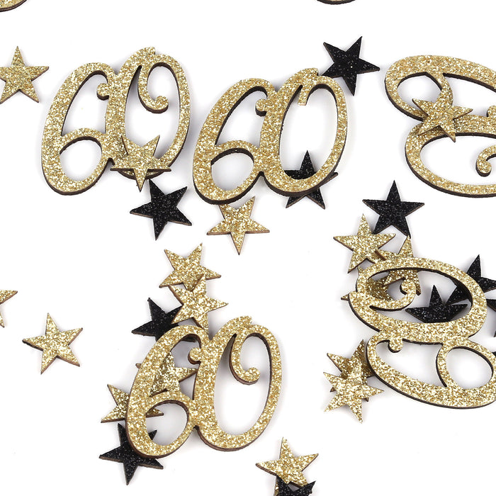 Konfetti Zahl 60 Geburtstag + Sterne aus Holz Streudeko Streuteile Deko 13g - gold schwarz