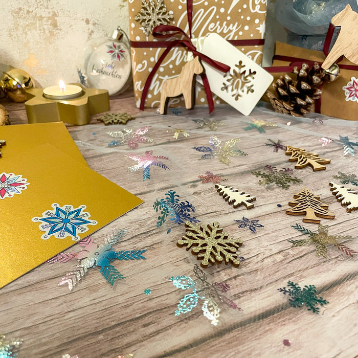 Tischläufer Schneeflocken Schneekristalle Tischband metallisch Schnee Läufer Tischdeko für Weihnachten Silvester Deko