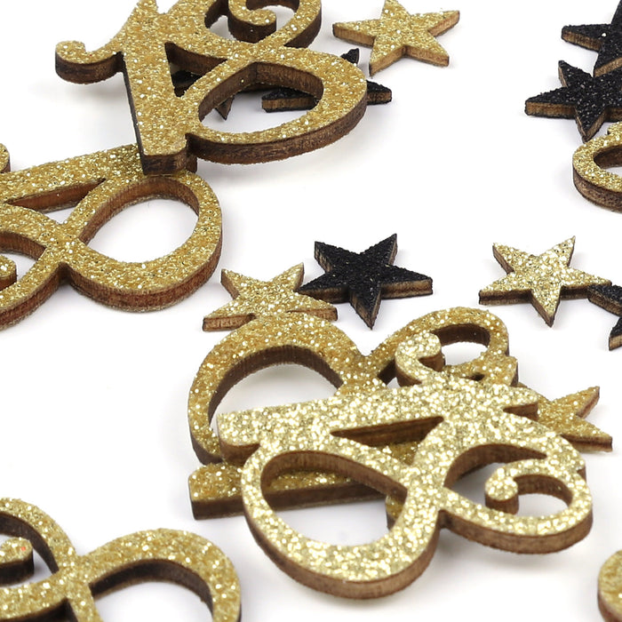 Konfetti Zahl 18 Geburtstag + Sterne aus Holz Streudeko Streuteile Deko 13g - gold schwarz