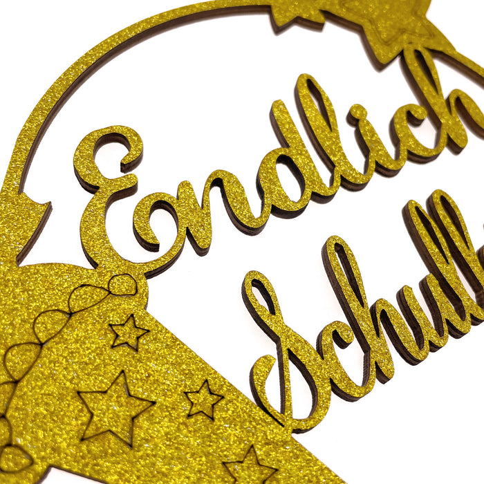 Endlich Schulkind Holz Torten Topper Glitzernd gold für Schuleinführung Einschulung Schulanfang Kuchendeckel