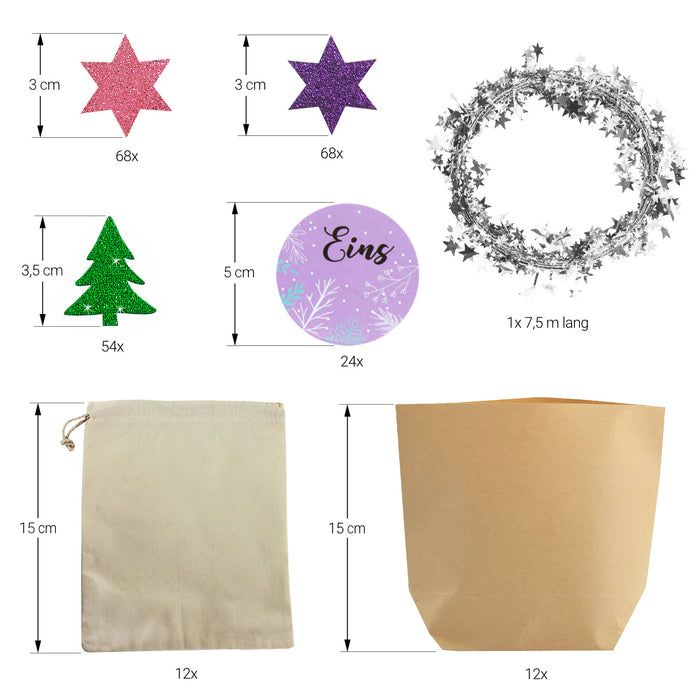 DIY Adventskalender Set - 12 Kraftpapier Tüten + 12 Baumwollsäckchen + 24 Zahlen Sticker uvm. für Weihnachten Advent Deko