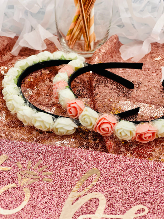 Rosen Haarreifen Blumen Haarreif Braut JGA Hochzeit Fasching Karneval Damen Kopfschmuck - rosa weiß