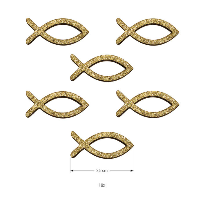 18 Holz Fische glitzernd als Streudeko Tischdeko für Taufe Kommunion Konfirmation - Echtholz gold
