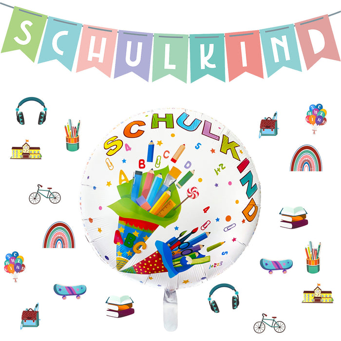 Schuleinführung Schulanfang Einschulung Deko Set - Schulkind Girlande + Ballon Schulkind + Konfetti Set