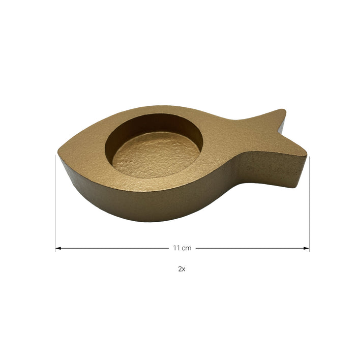 Fisch Teelichthalter 2er Set Kerzenhalter Fische aus Holz - Tisch Deko für Taufe Kommunion Konfirmation gold