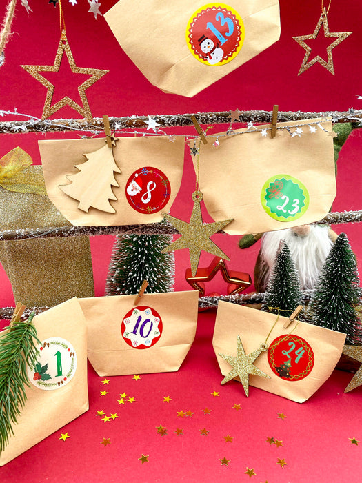 DIY Adventskalender Set - 24 Tüten + 24 Zahlen Sticker Aufkleber für Weihnachten Advent