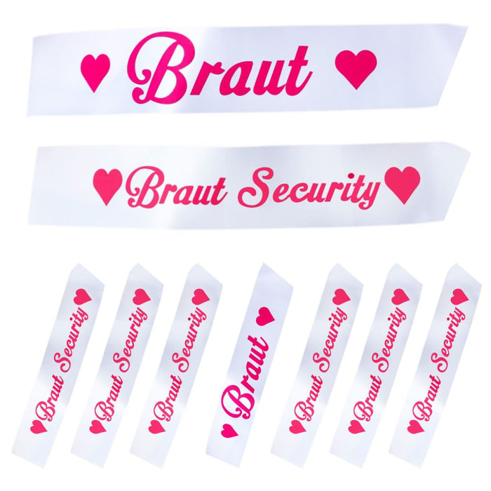 Schärpe Braut + Braut Security Set JGA Hen Party Bride to be Herz weiß