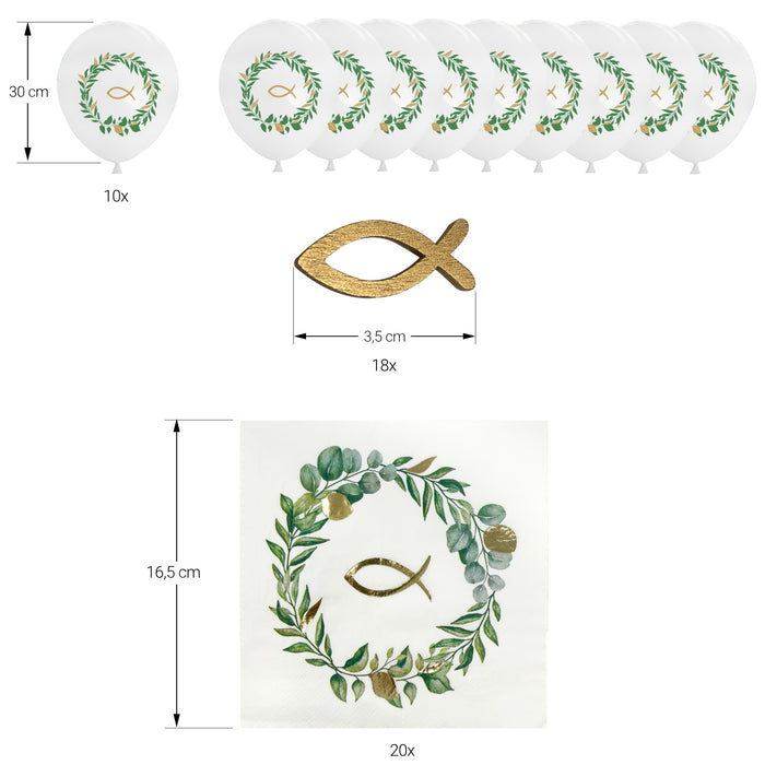 Deko Set für Taufe Kommunion Konfirmation Hochzeit - Luftballons + Holz Fische + Servietten - weiß grün gold