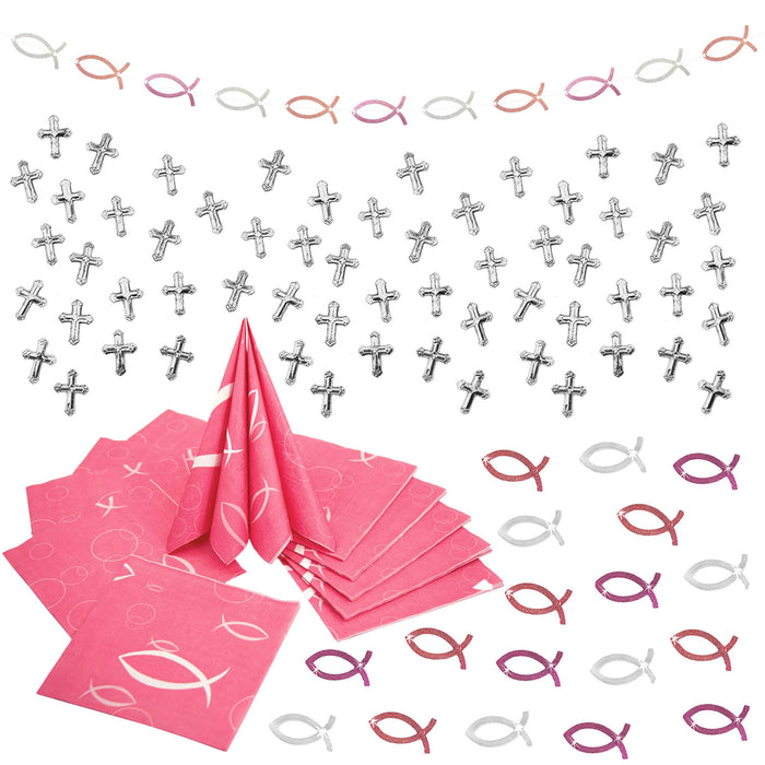 Deko Set für Taufe Kommunion Konfirmation Mädchen - Luftballons + Holz Fische + Servietten - rosa pink weiß