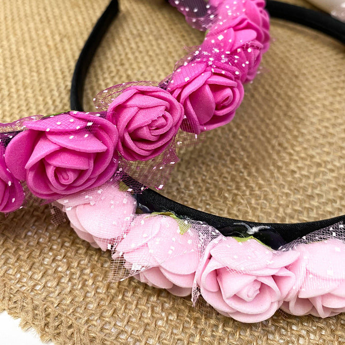 Rosen Haarreifen Blumen Haarreif Braut JGA Hochzeit Fasching Karneval Damen Kopfschmuck - pink