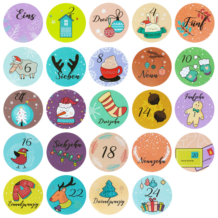 24 Adventskalender Sticker Zahlen Aufkleber weihnachtliche Motive Weihnachten Basteln Weihnachtsdeko