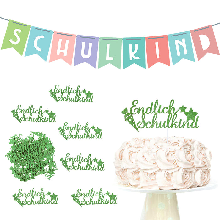 Schuleinführung Schulanfang Einschulung Deko Set - Schulkind Girlande + Torten Topper + Konfetti Set