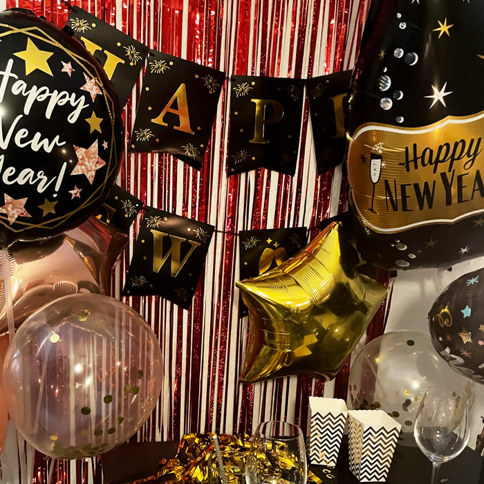 Happy New Year Silvester Neujahr Party Deko Set - Champagner Luftballon + Stern Ballons + Runde Ballons