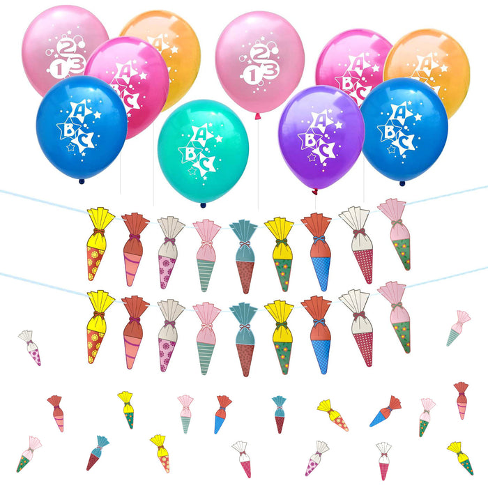 Schuleinführung Schulanfang Einschulung Deko Set - Luftballons + Zuckertüten Girlande + Konfetti