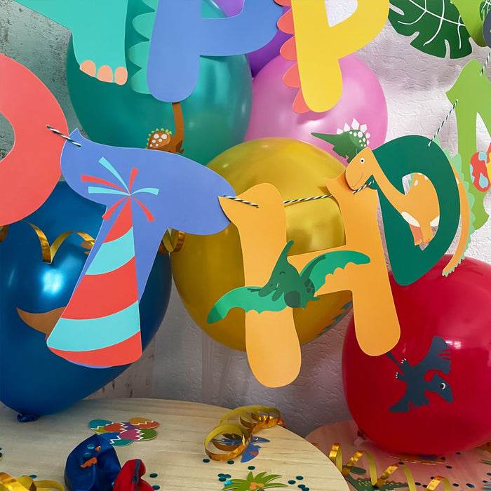 Happy Birthday Geburtstag Dino Party Deko Set - Luftballons + Happy Birthday Girlande + Dinosaurier Konfetti