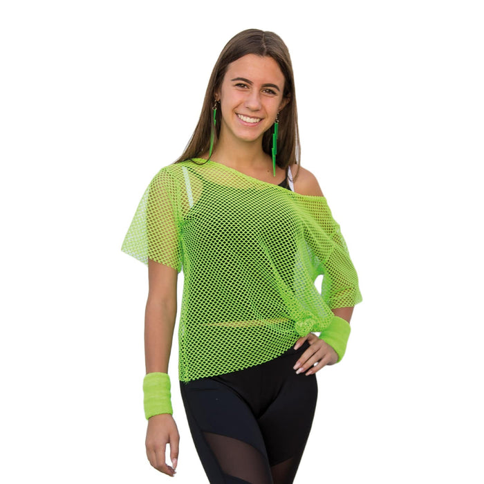 Netzshirt Netztop Damen Netz Hemd Oberteil 80s 80er Jahre Kostüm Motto Party Größe 38 - 42 - neon grün