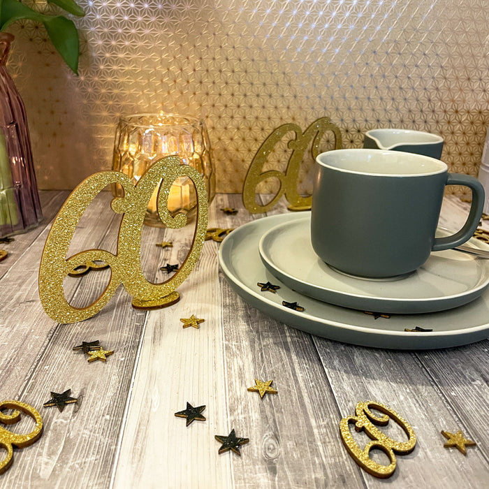 Konfetti Zahl 60 Geburtstag + Sterne aus Holz Streudeko Streuteile Deko 13g - gold schwarz