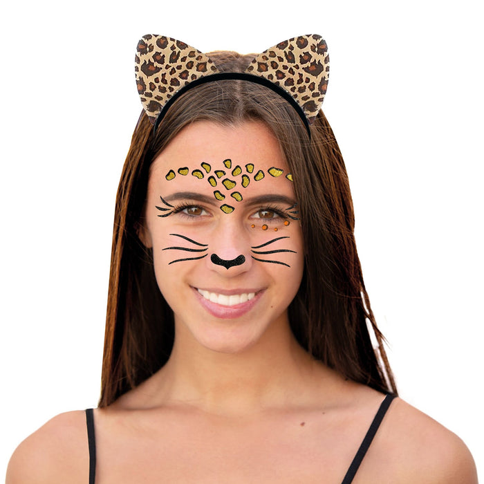 Leopard Kostüm Accessoire Set - Haarreif + Gesicht Sticker für Halloween Fasching Karneval Motto Party