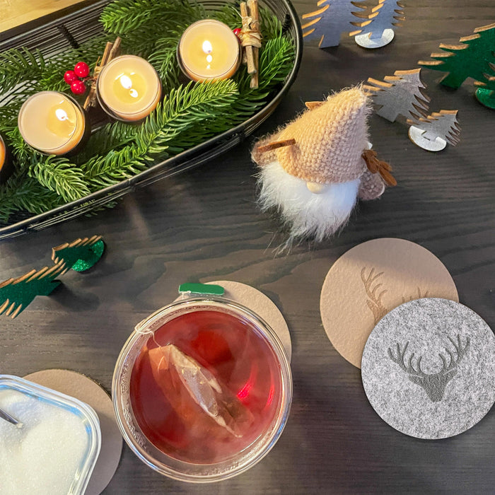 Filzuntersetzer Rentier Hirsch Rund 10 cm 4er Pack - Getränke Untersetzer als Tisch Dekoration für Weihnachten uvm. - grau