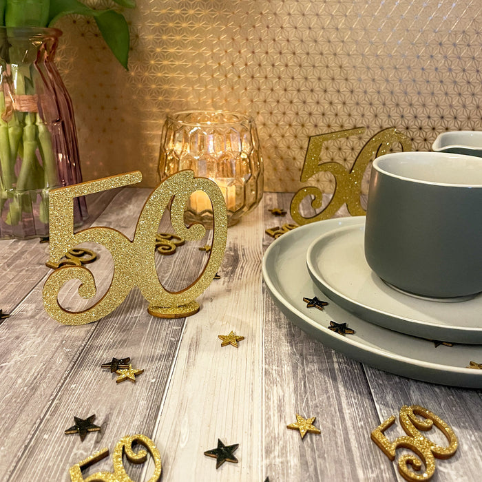 Konfetti Zahl 50 Geburtstag + Sterne aus Holz Streudeko Streuteile Dek — Oblique Unique