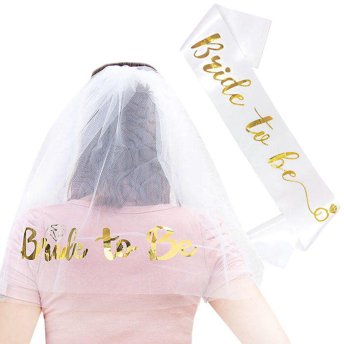 JGA Hochzeit Party Accessoire Set - Bride to Be Schärpe + Haarkamm mit Brautschleier weiß gold