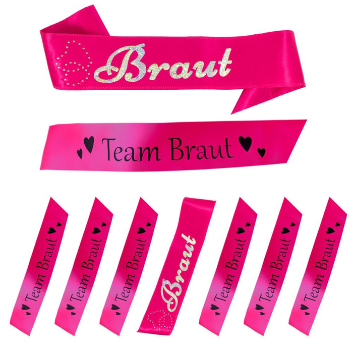 Schärpe Braut + Team Braut Set JGA Hen Party Bride to be Herzen pink