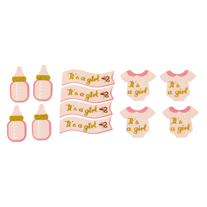 12x Konfetti - Fläschchen + Banner + Body Tischdeko Baby Shower Babyparty Mädchen - rosa